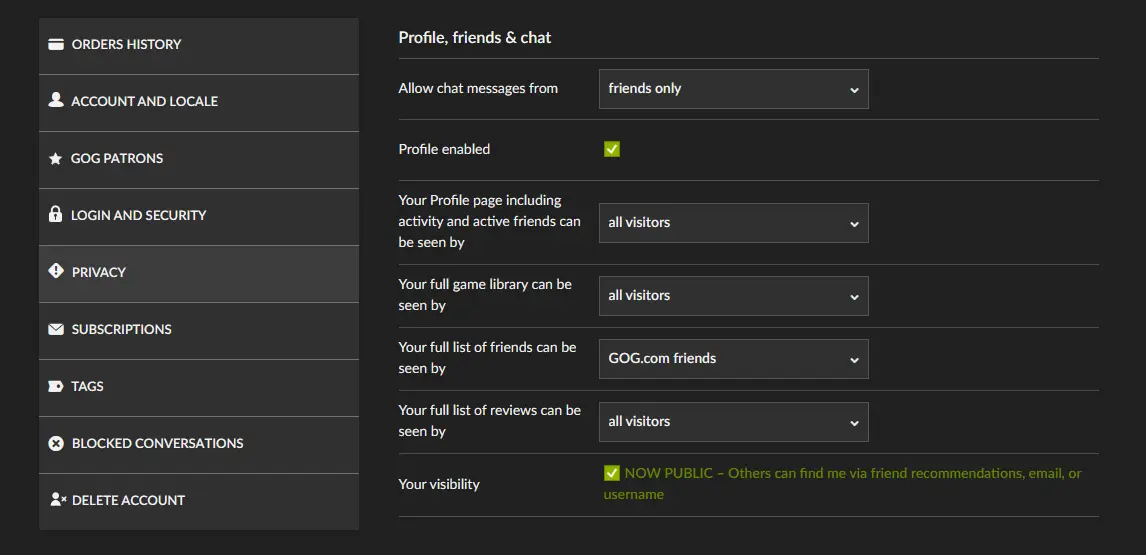GOG privacy settings